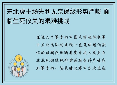 东北虎主场失利无奈保级形势严峻 面临生死攸关的艰难挑战
