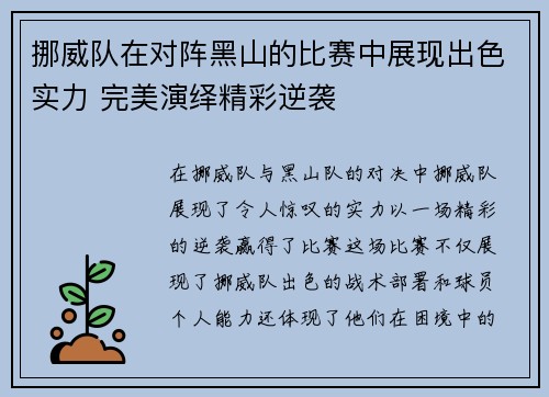 挪威队在对阵黑山的比赛中展现出色实力 完美演绎精彩逆袭
