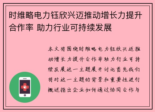 时维略电力钰欣兴迈推动增长力提升合作率 助力行业可持续发展