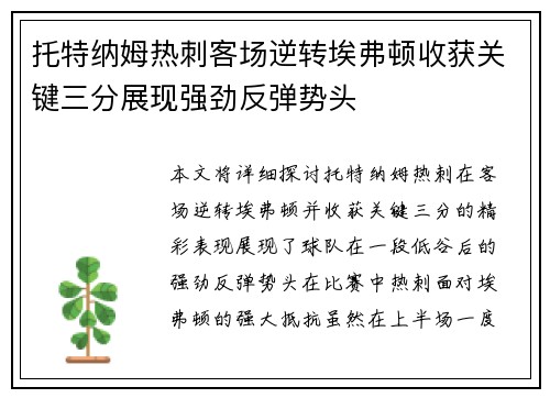 托特纳姆热刺客场逆转埃弗顿收获关键三分展现强劲反弹势头