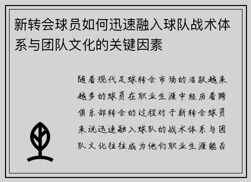 新转会球员如何迅速融入球队战术体系与团队文化的关键因素
