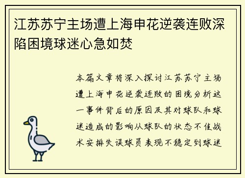 江苏苏宁主场遭上海申花逆袭连败深陷困境球迷心急如焚