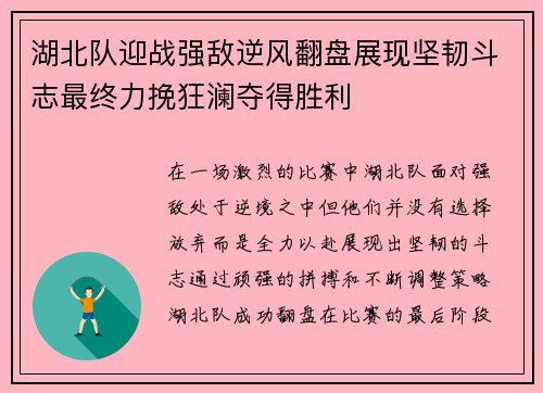 湖北队迎战强敌逆风翻盘展现坚韧斗志最终力挽狂澜夺得胜利