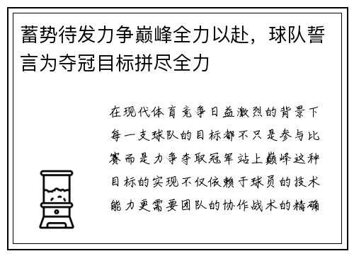 蓄势待发力争巅峰全力以赴，球队誓言为夺冠目标拼尽全力