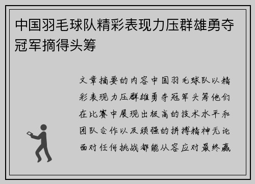 中国羽毛球队精彩表现力压群雄勇夺冠军摘得头筹