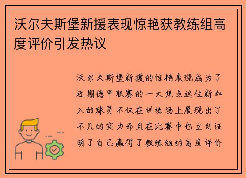 沃尔夫斯堡新援表现惊艳获教练组高度评价引发热议